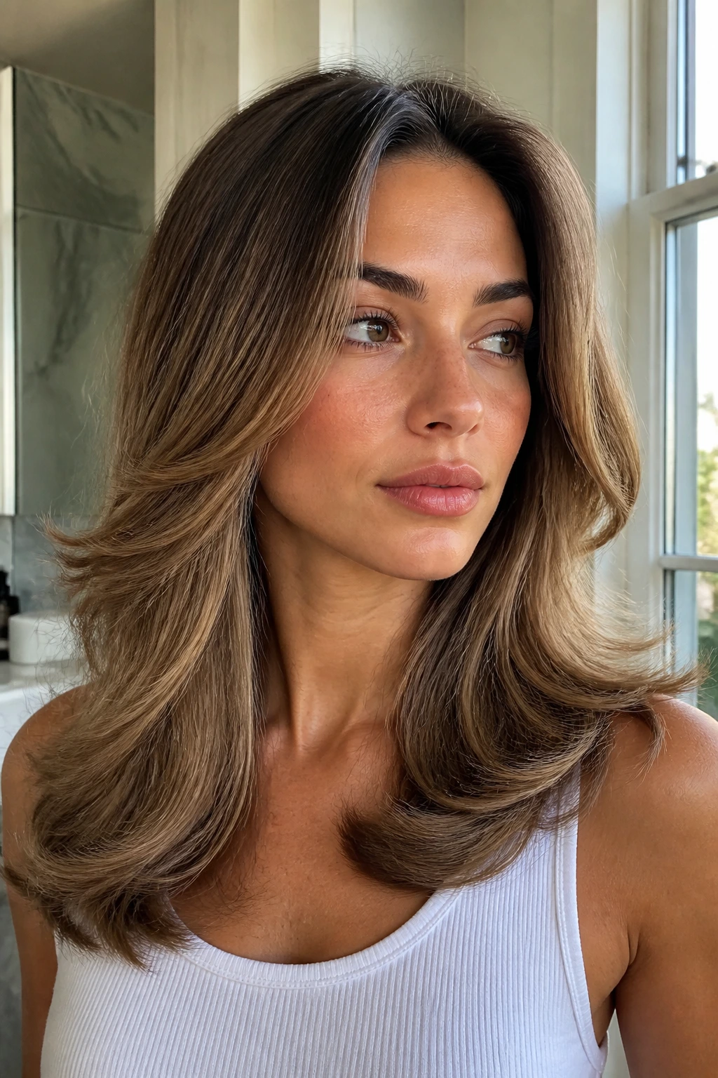 Close-up of a real woman with an airy blowout and round-brush movement creating volume at the front and sides.