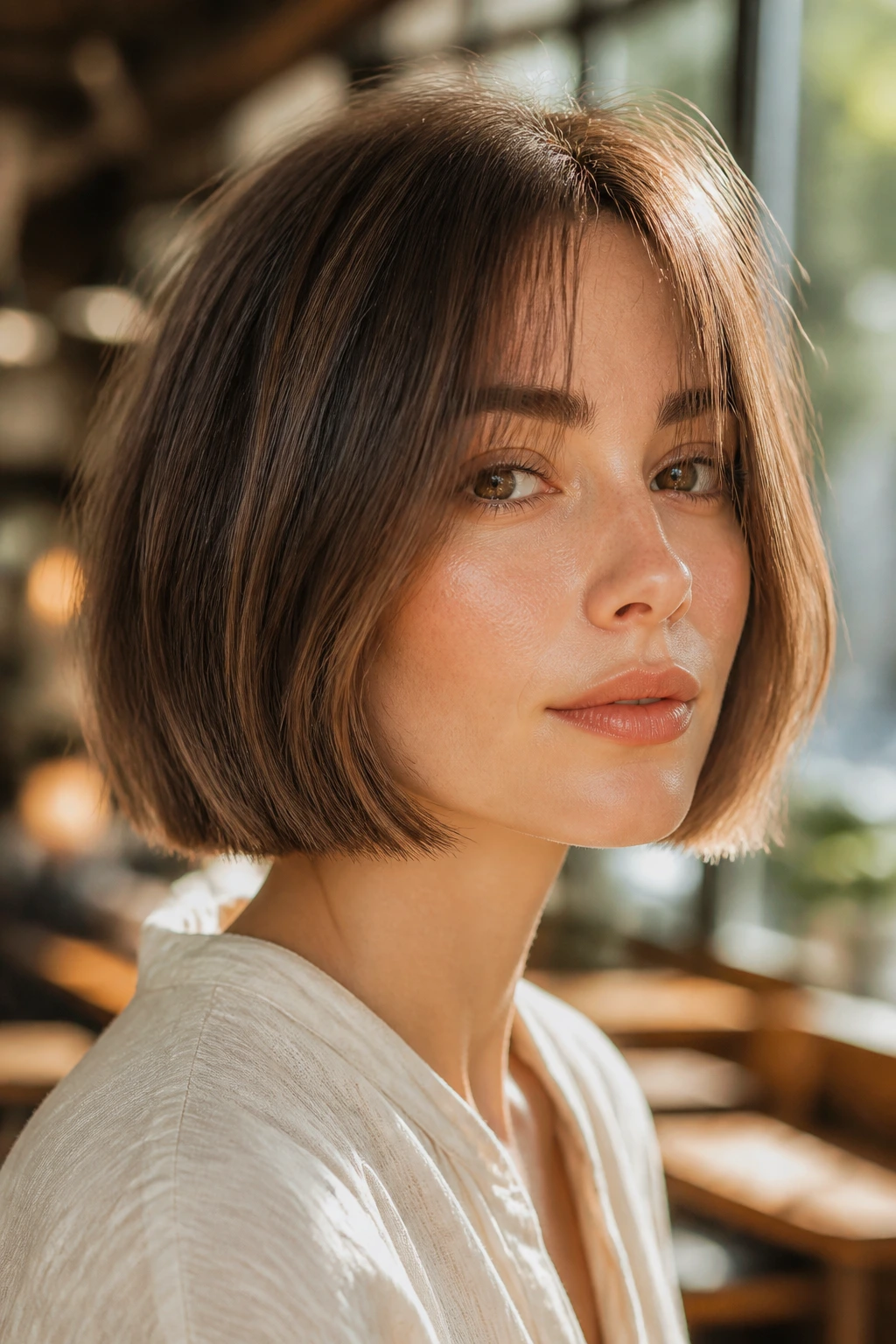 Close-up of woman with airy blunt bob in sunlit cafe