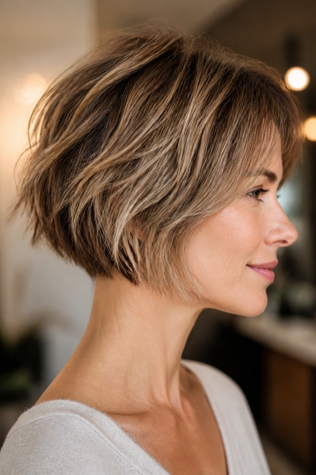Close-up portrait of a real woman with a chic choppy bob showing airy shape and lift