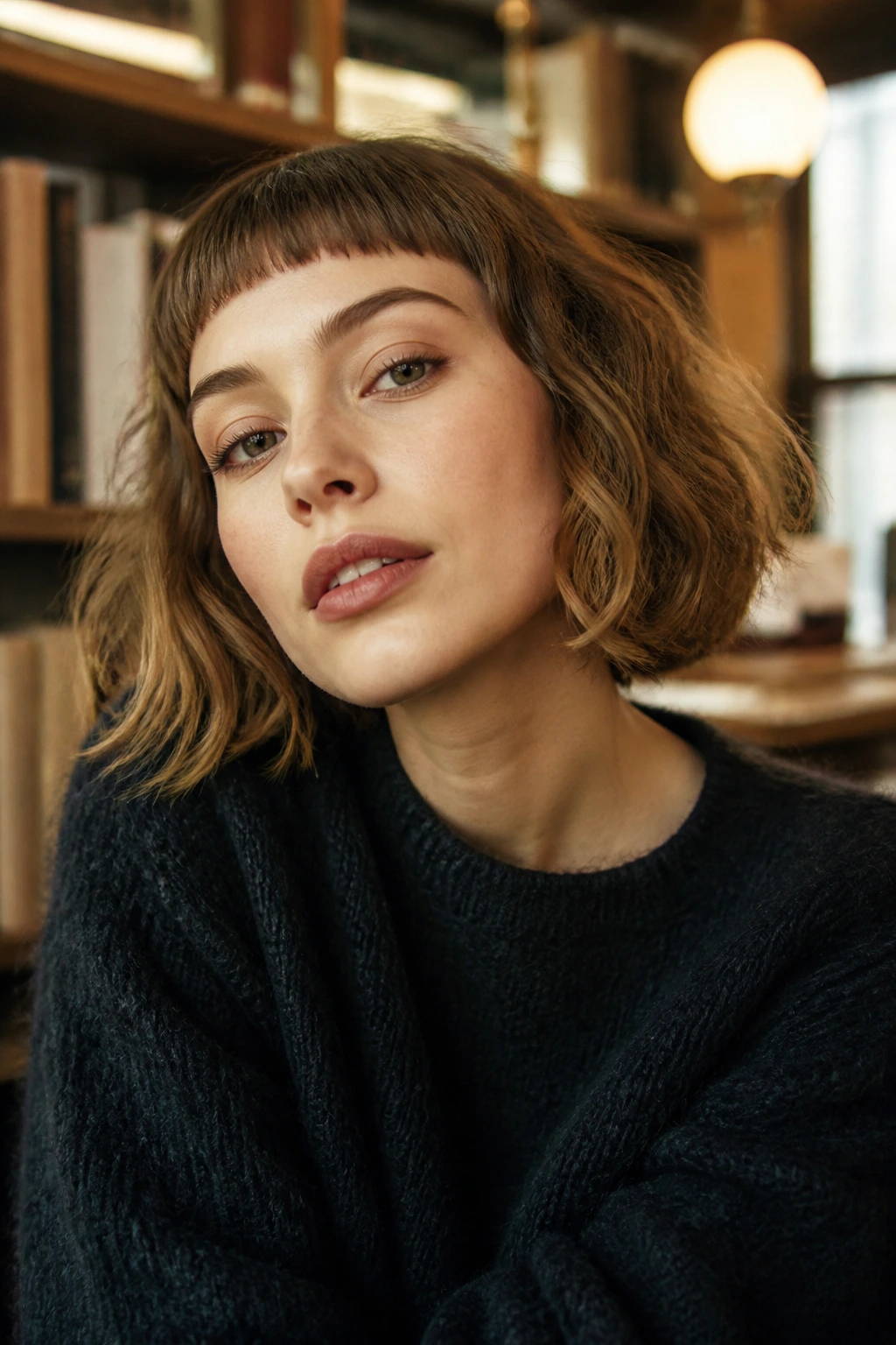 Portrait of a real person with airy bob and micro fringe in a cozy cafe setting