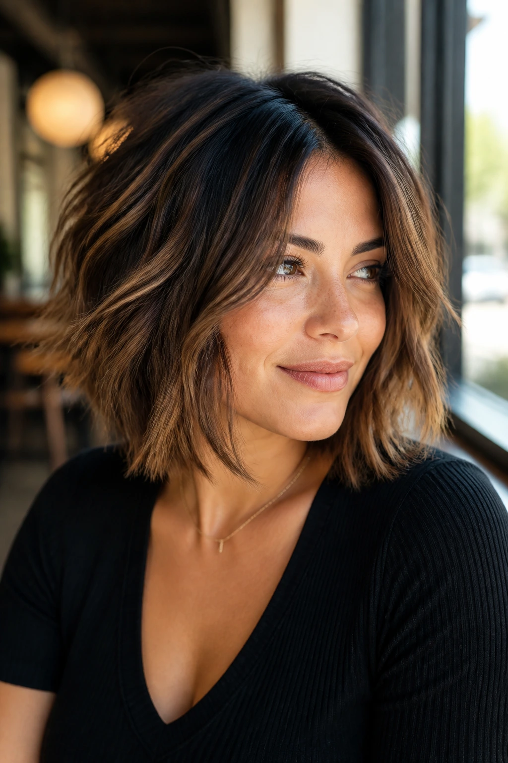 Portrait of a real woman with an airy bob and multi-tonal mocha balayage.