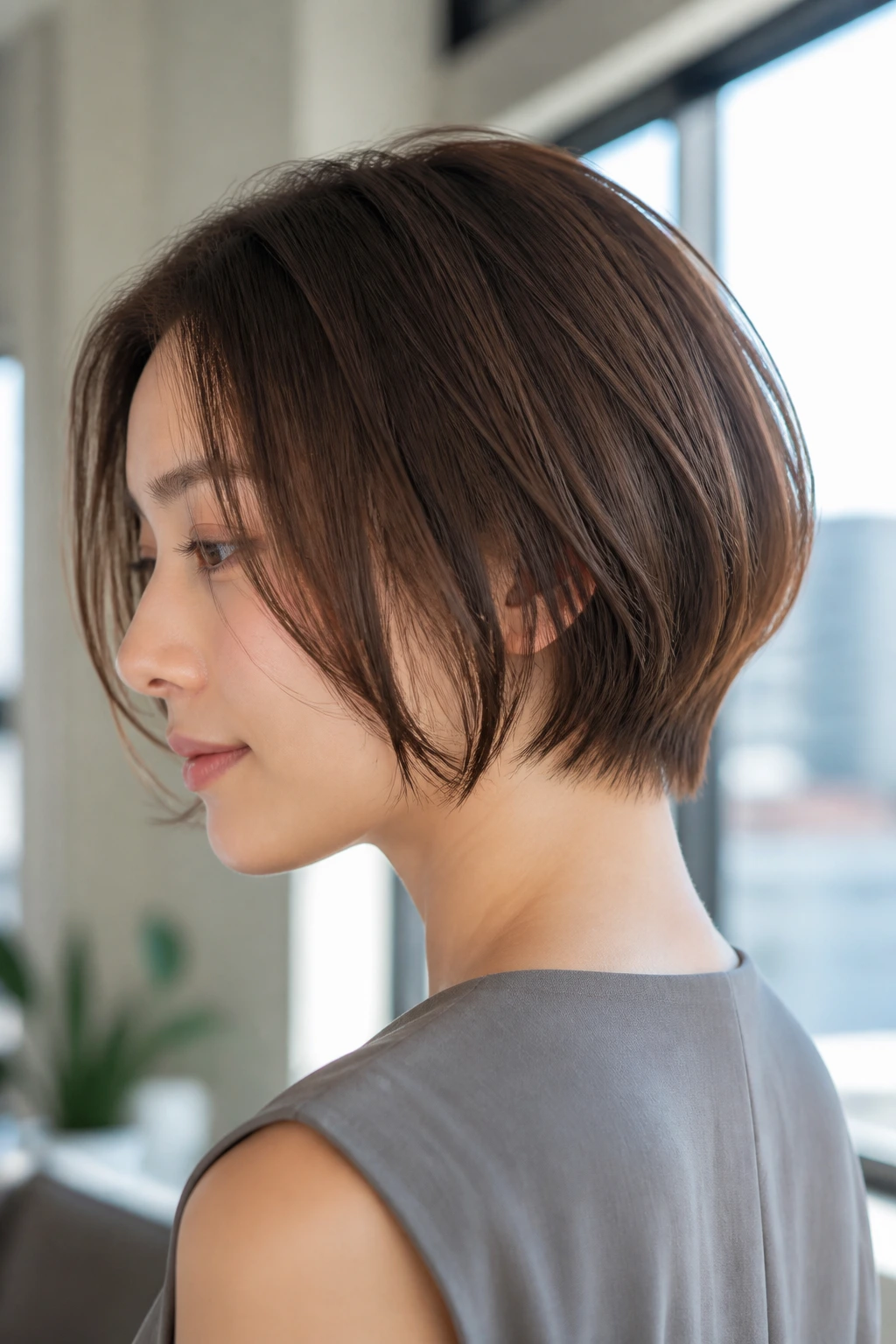 Close-up portrait of a real woman with airy bob and light nape