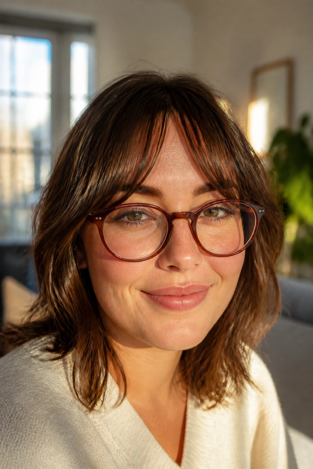 Close-up of a real woman with an airy bottleneck fringe in a sunlit living room
