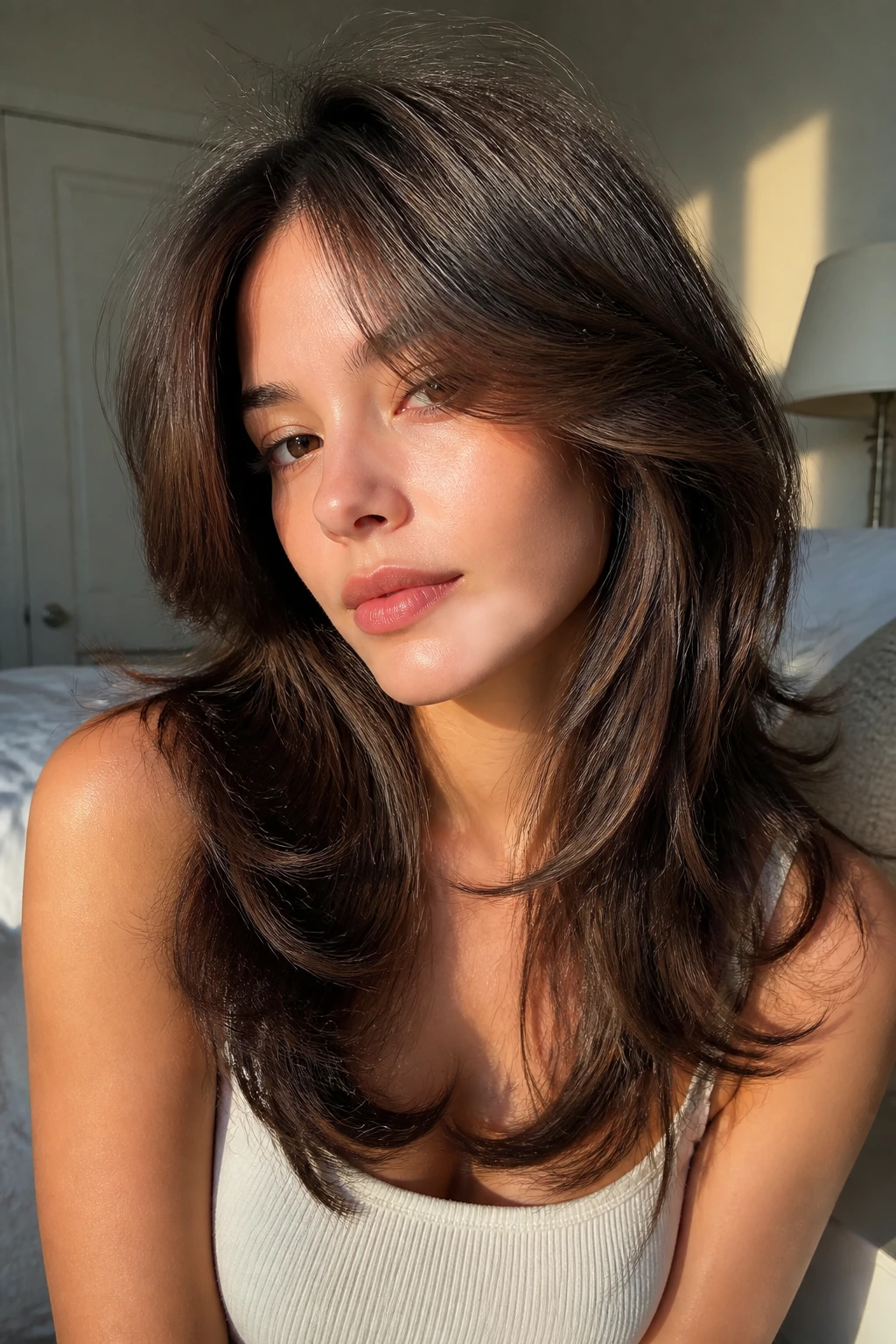 Close-up of a real woman with airy butterfly cut and invisible layers in soft window light