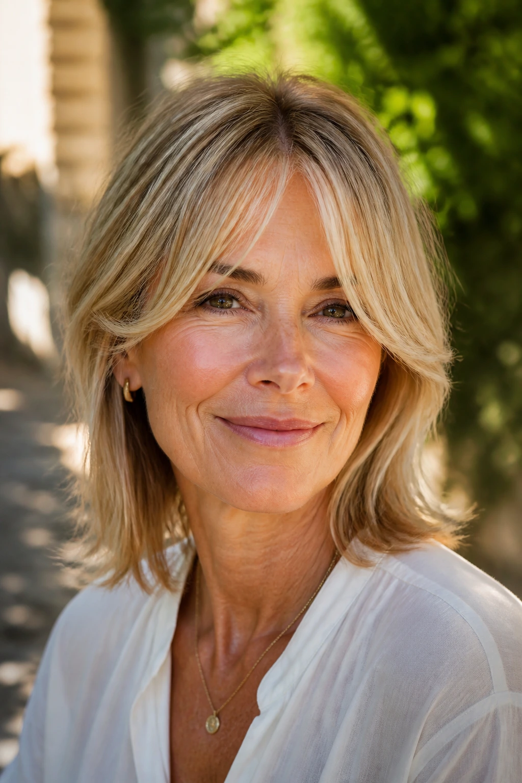 Close-up portrait of a real woman with airy center-part fringe