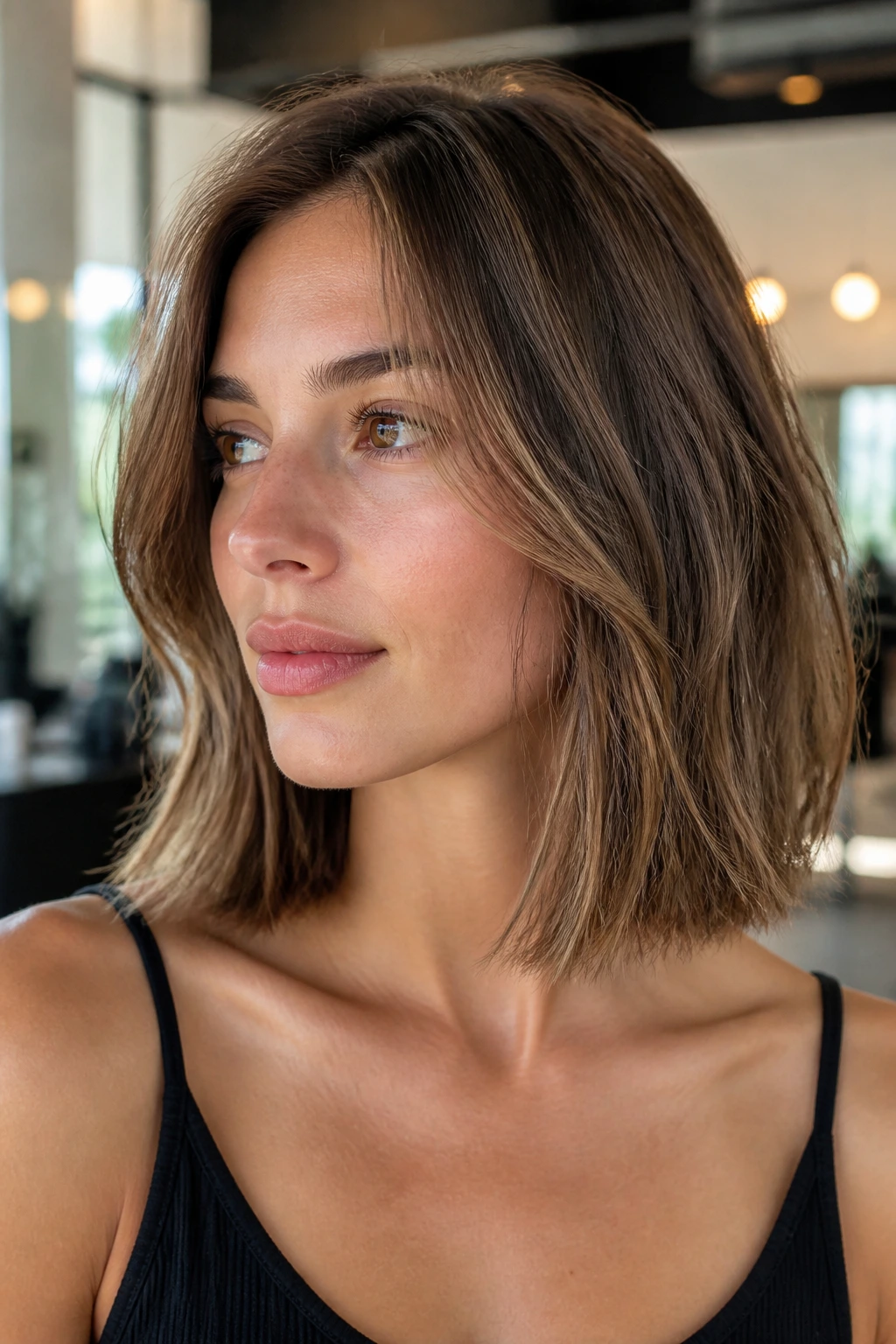 Portrait of a real woman with an airy collarbone lob under natural salon lighting