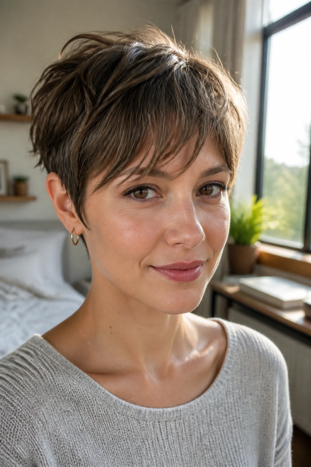 Real woman with airy textured crop and feathered bangs in natural light