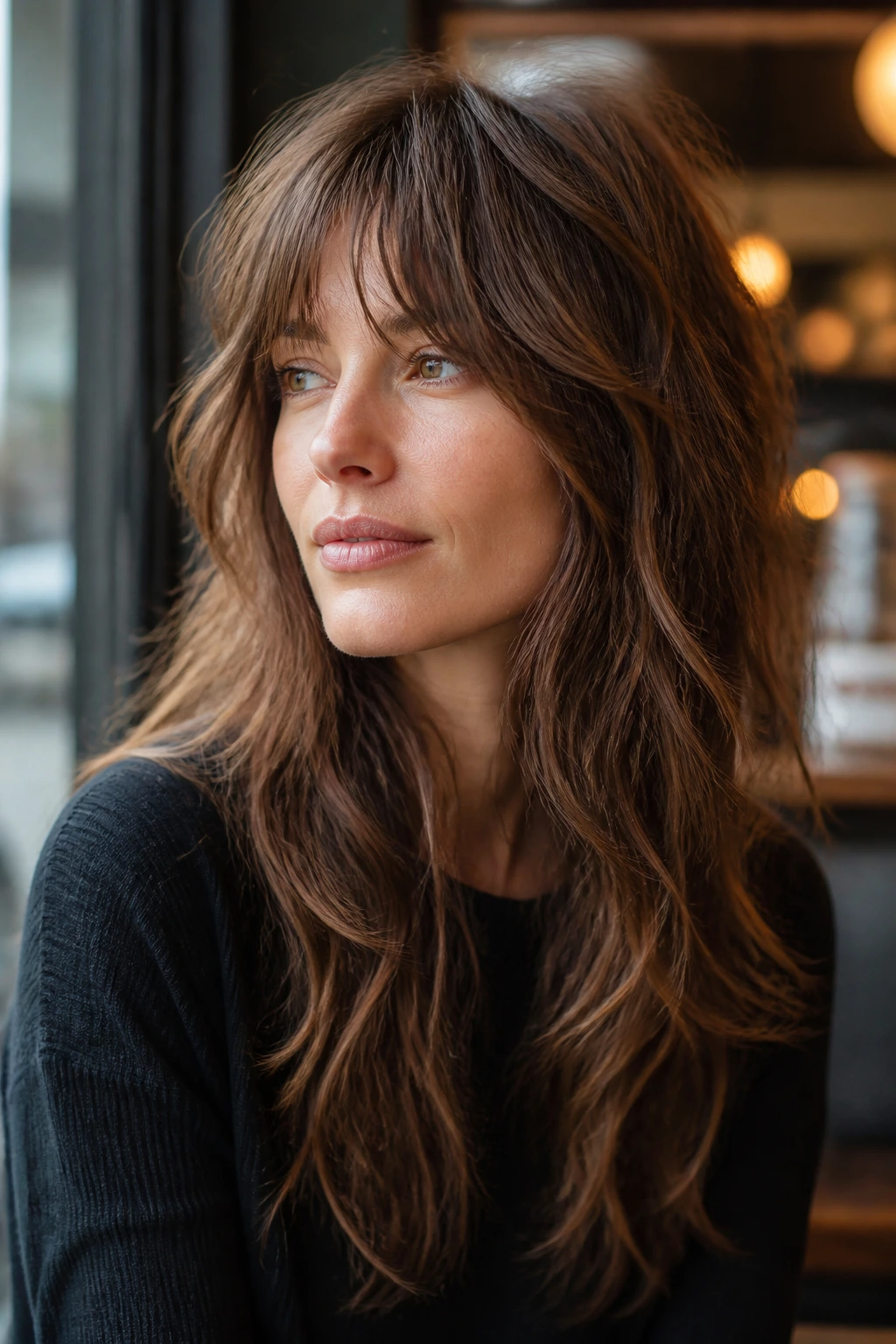 Close-up portrait of a real woman with lightweight long shag and airy crown layers in natural daylight