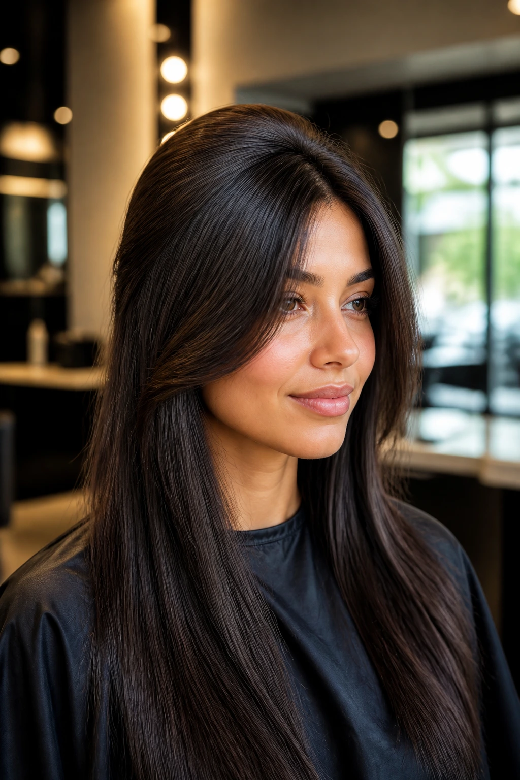 Portrait of real woman showing an airy crown lift in thick straight hair