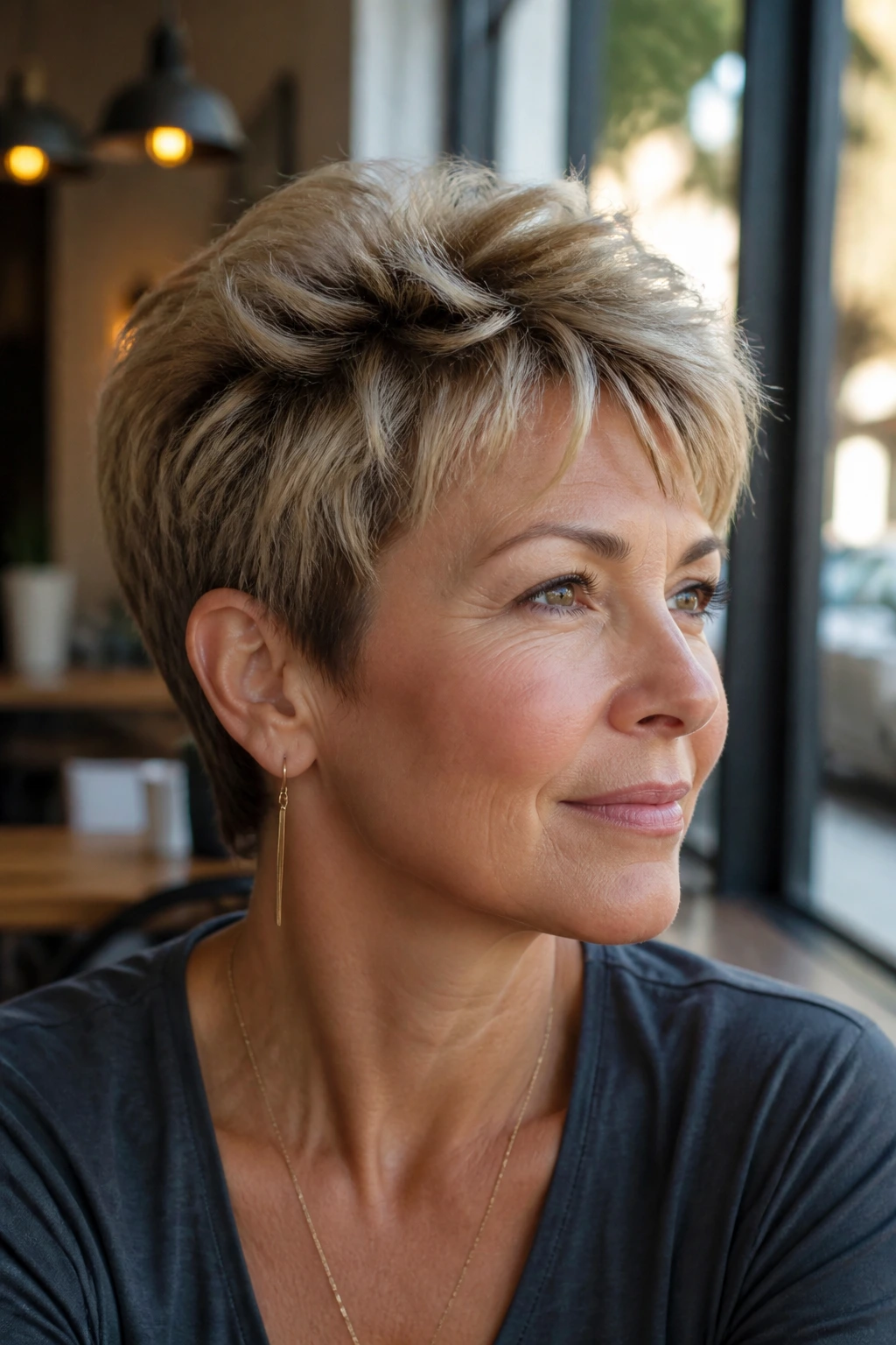 Close-up of a real woman with an airy crown pixie cut under sunlit cafe window light