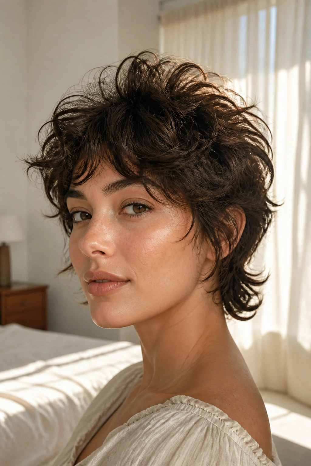 Close-up portrait of a real woman with airy crown shag and lifted curls.