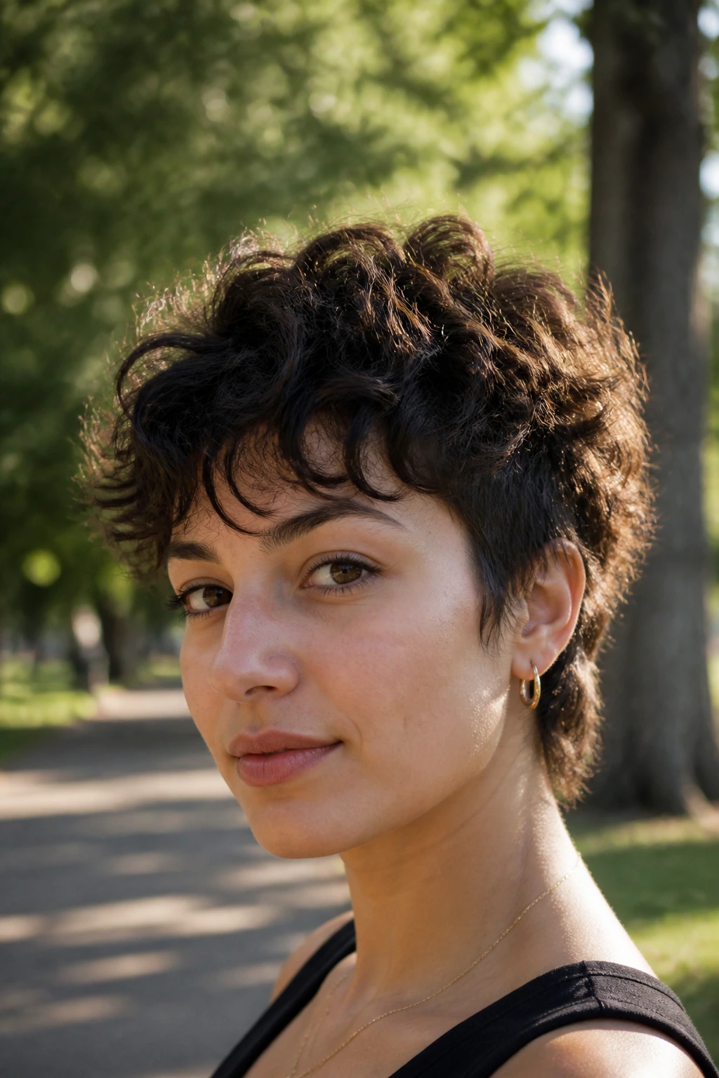 Real person with airy crown wolf crop hairstyle in a park setting