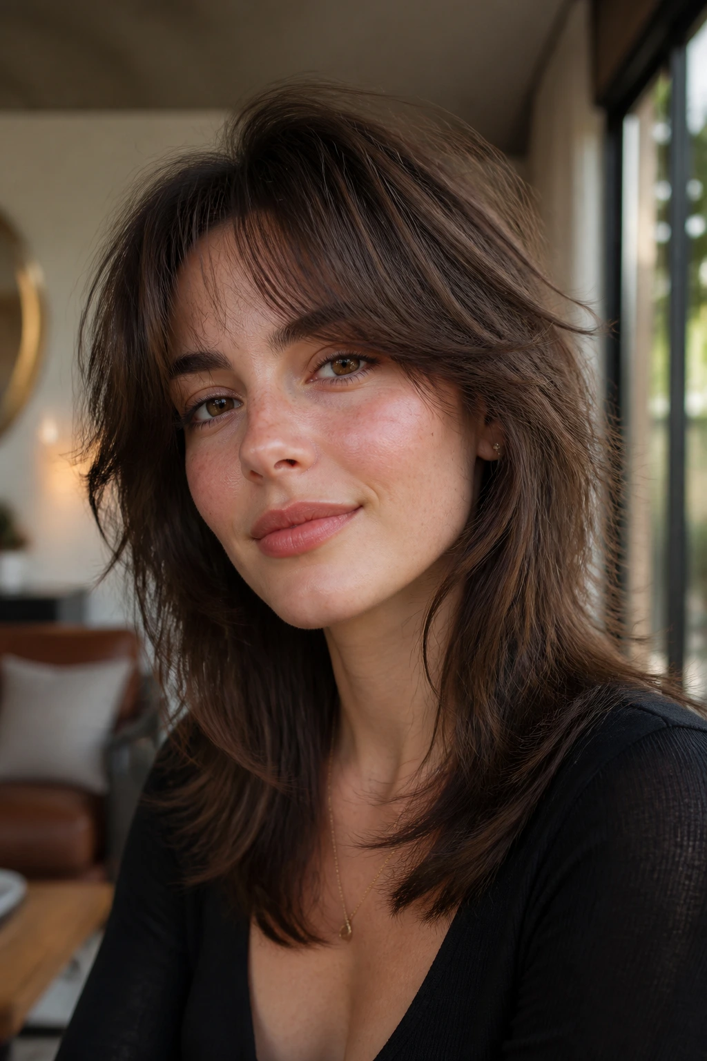 Close-up portrait of a real person with an airy crown-lift wolf cut, crown height with denser bottom