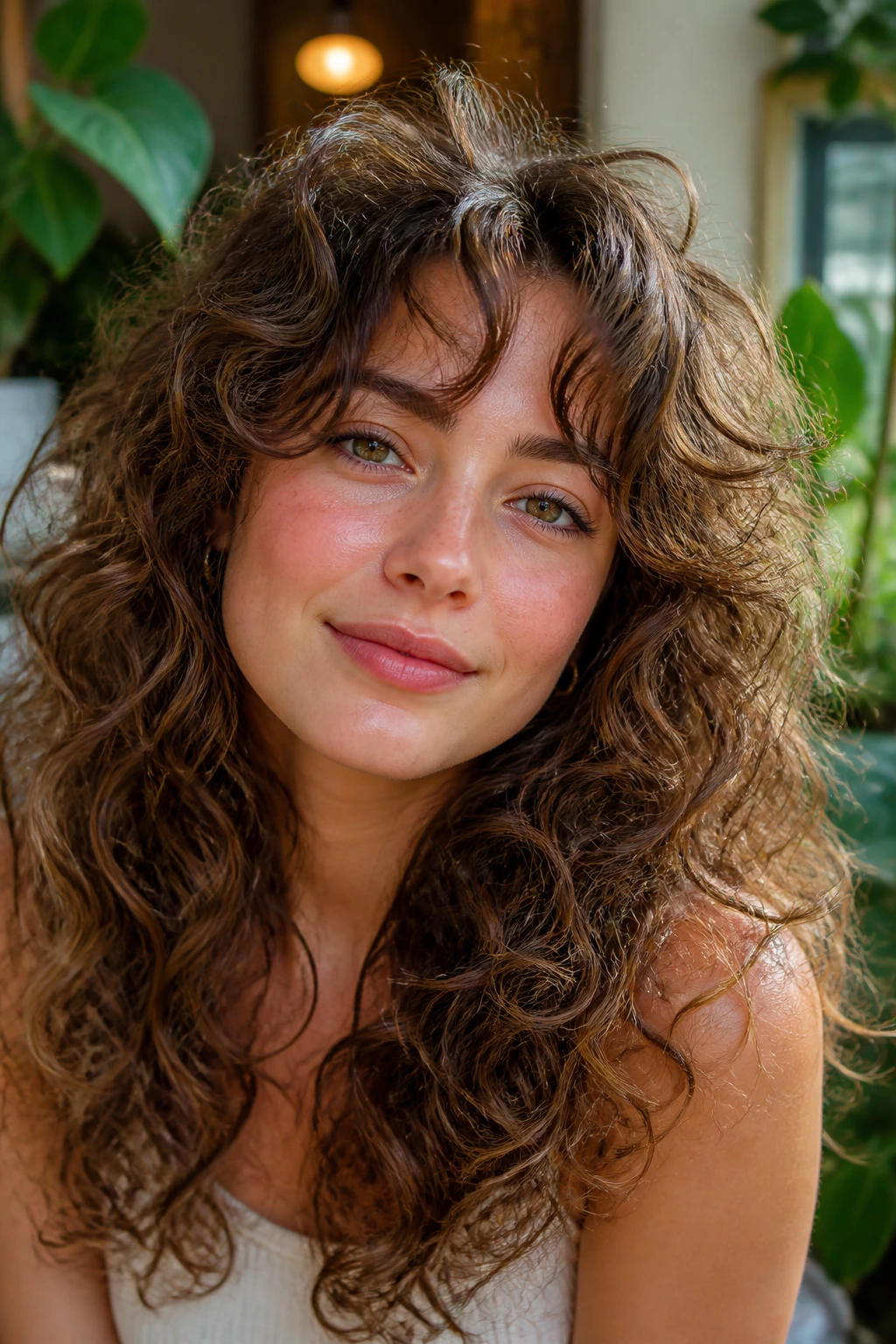 Portrait of a woman with curly curtain bangs and airy curls in a sunlit room