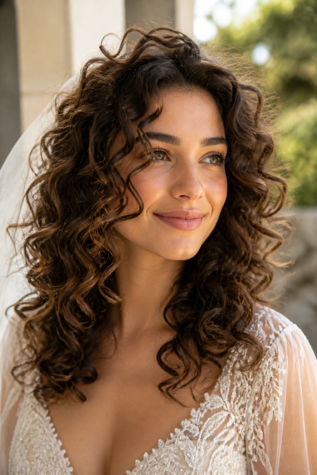 Bride with airy curls and defined ends, close-up