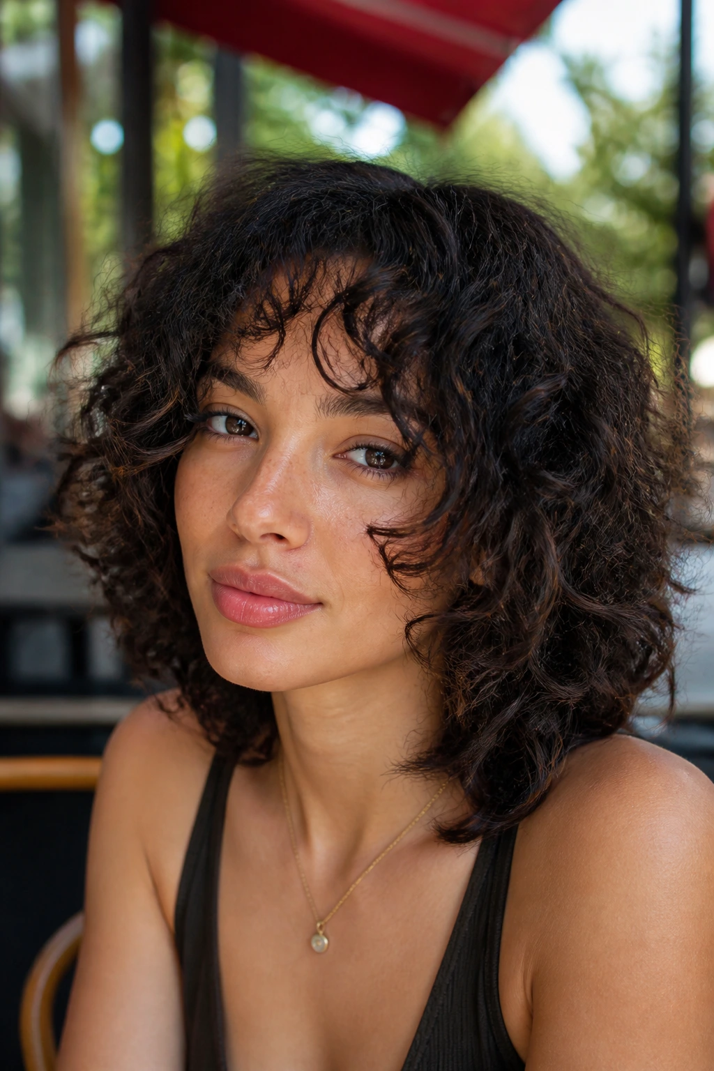 Portrait of a woman with airy curly butterfly layers.