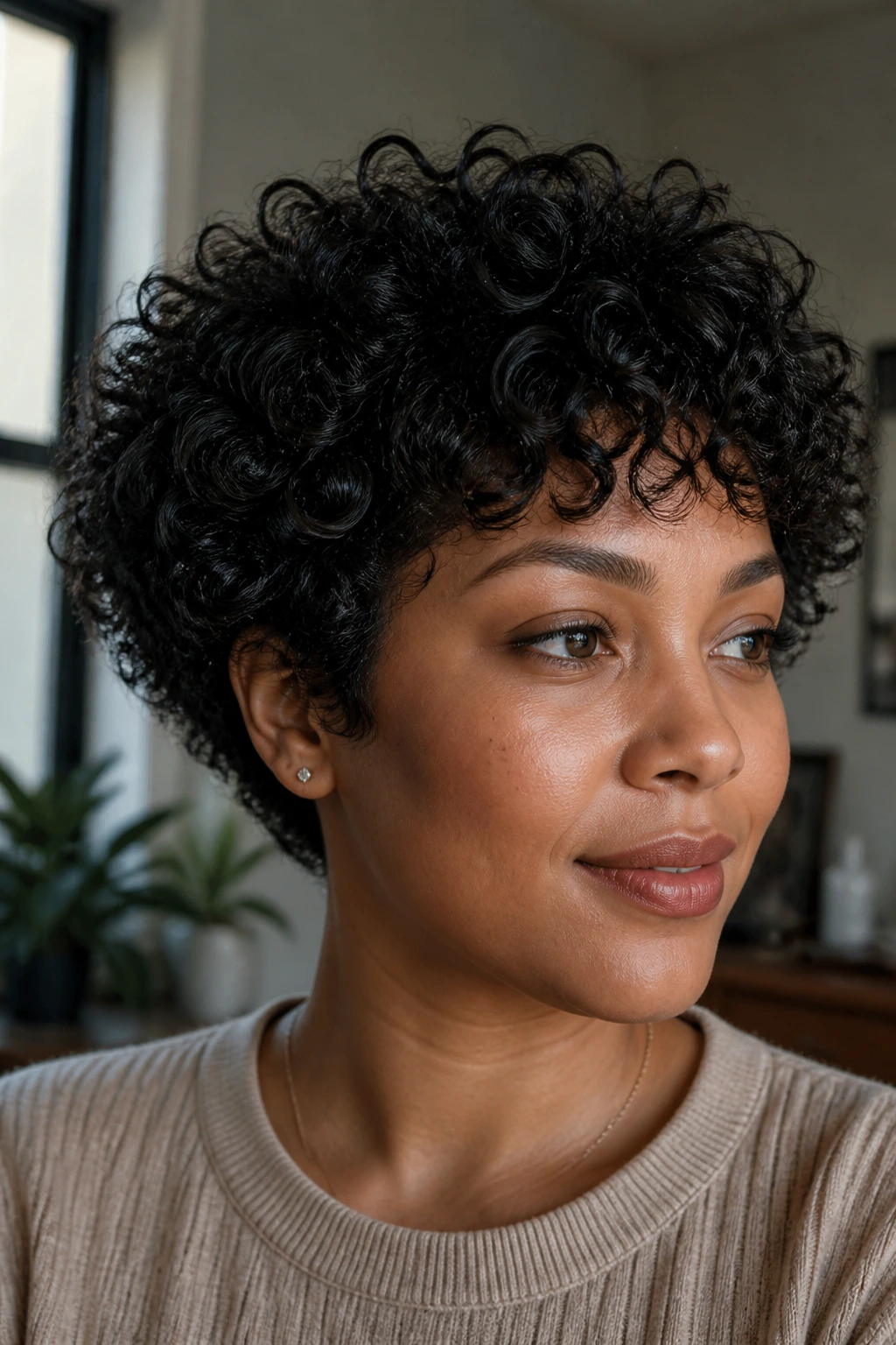 Close-up portrait of a real woman with an airy curly crop and hidden layers.