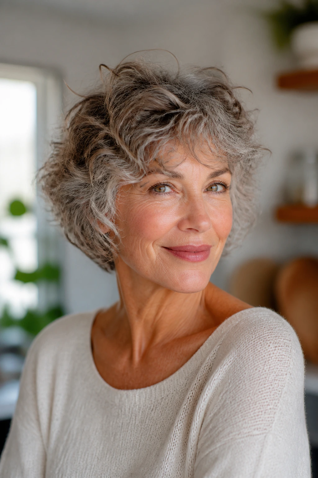 Close-up of a woman with airy curly shag and volume at the crown.
