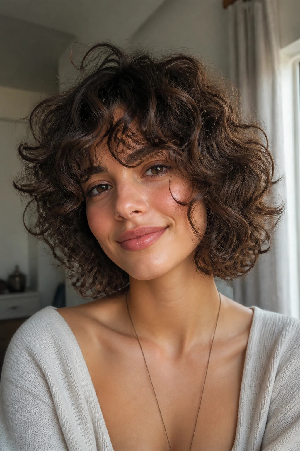 Close-up of a woman with airy curly shag bob.