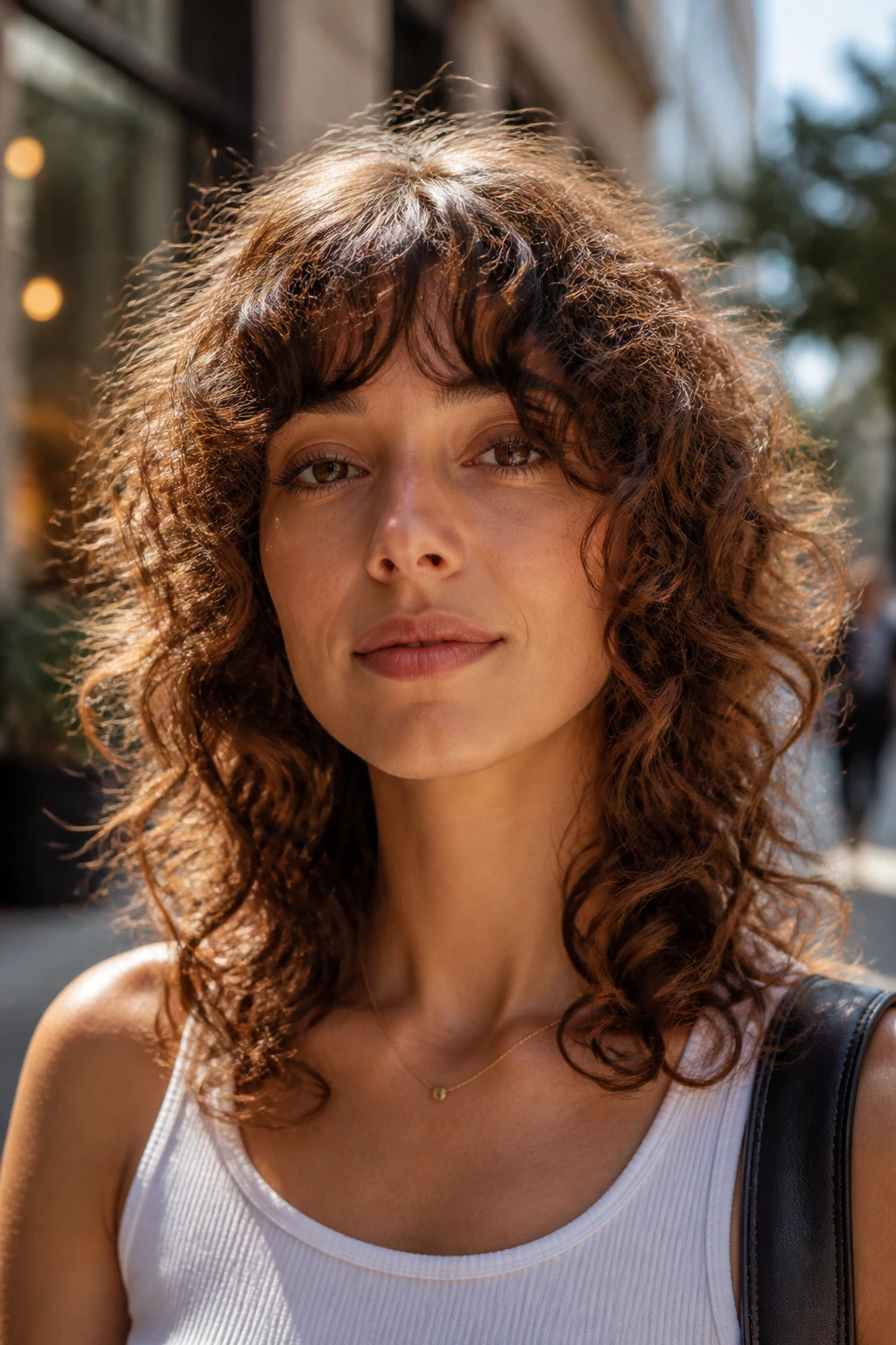 Portrait of a person with airy curly shag and bottleneck bangs outdoors.
