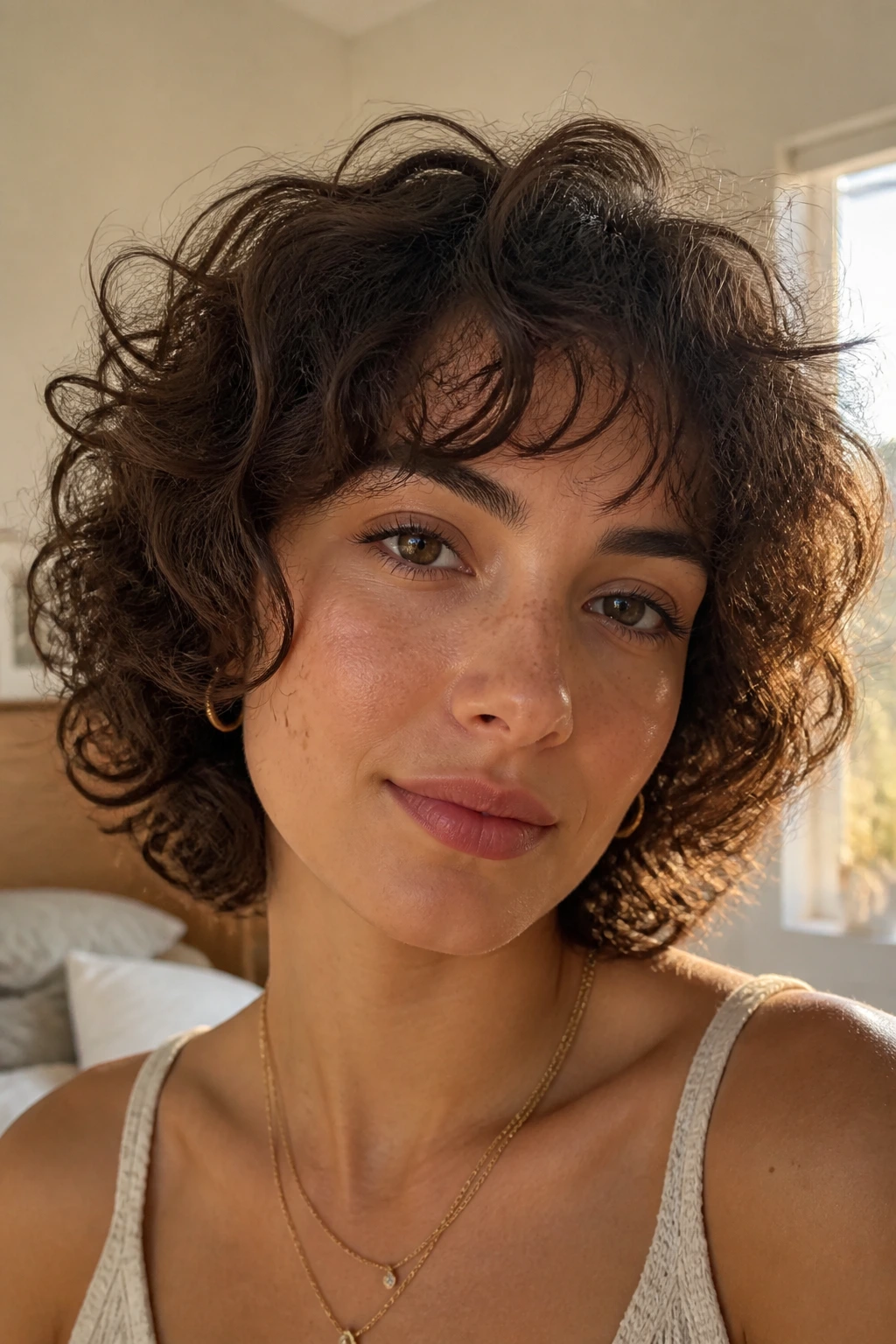 Close-up portrait of a real woman with an airy curly shag and light fringe in warm window light
