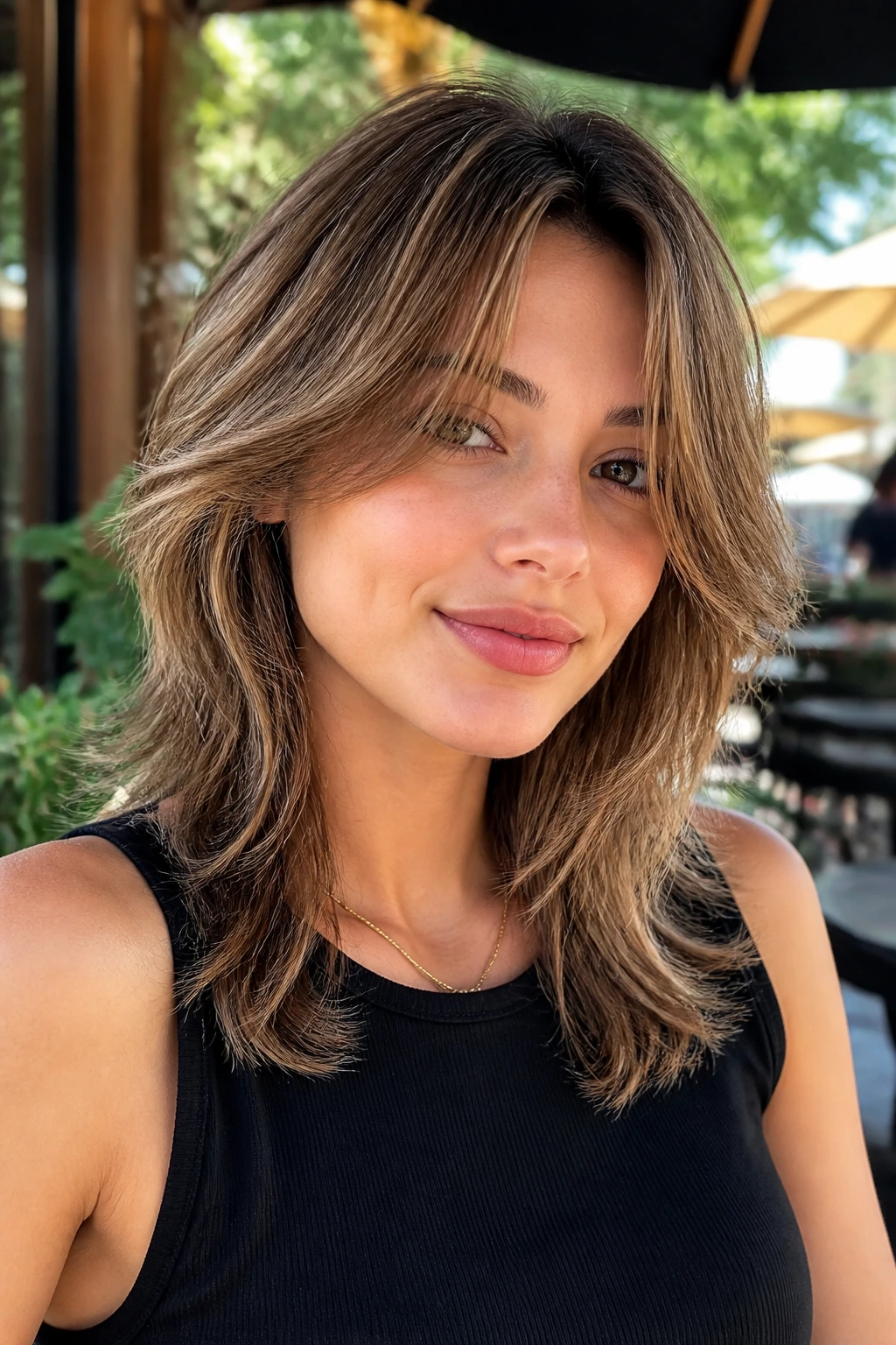 Real person with airy curtain layers wolf cut in outdoor cafe
