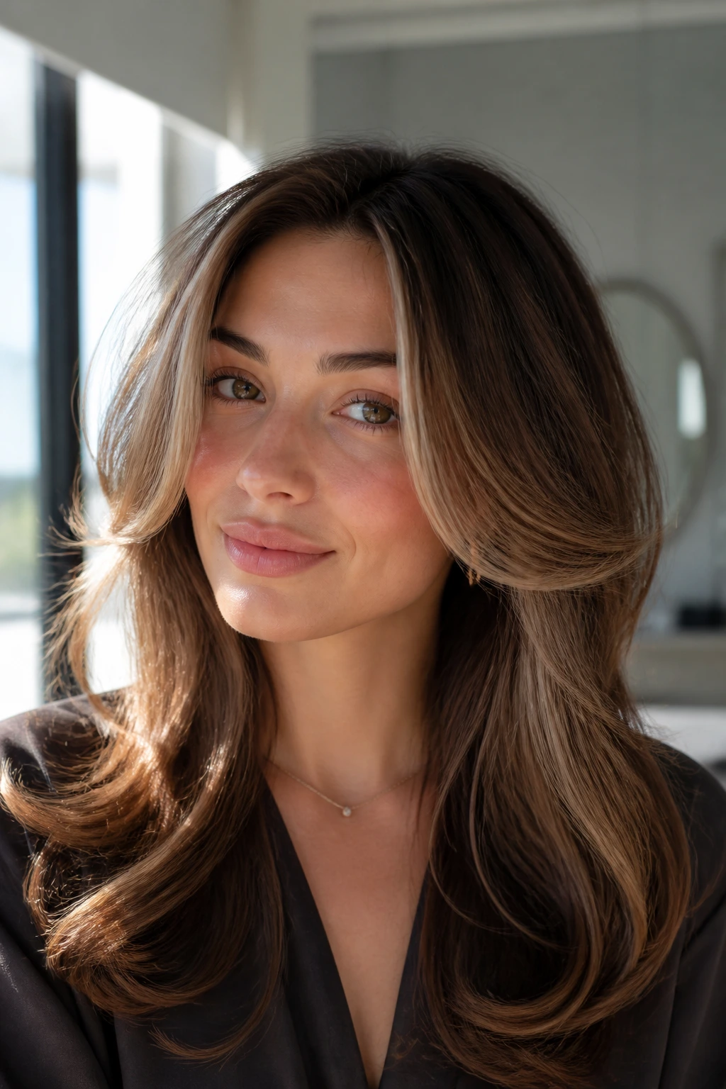 Close-up portrait of a real woman with airy face-frame blowout highlighting lifted front pieces.