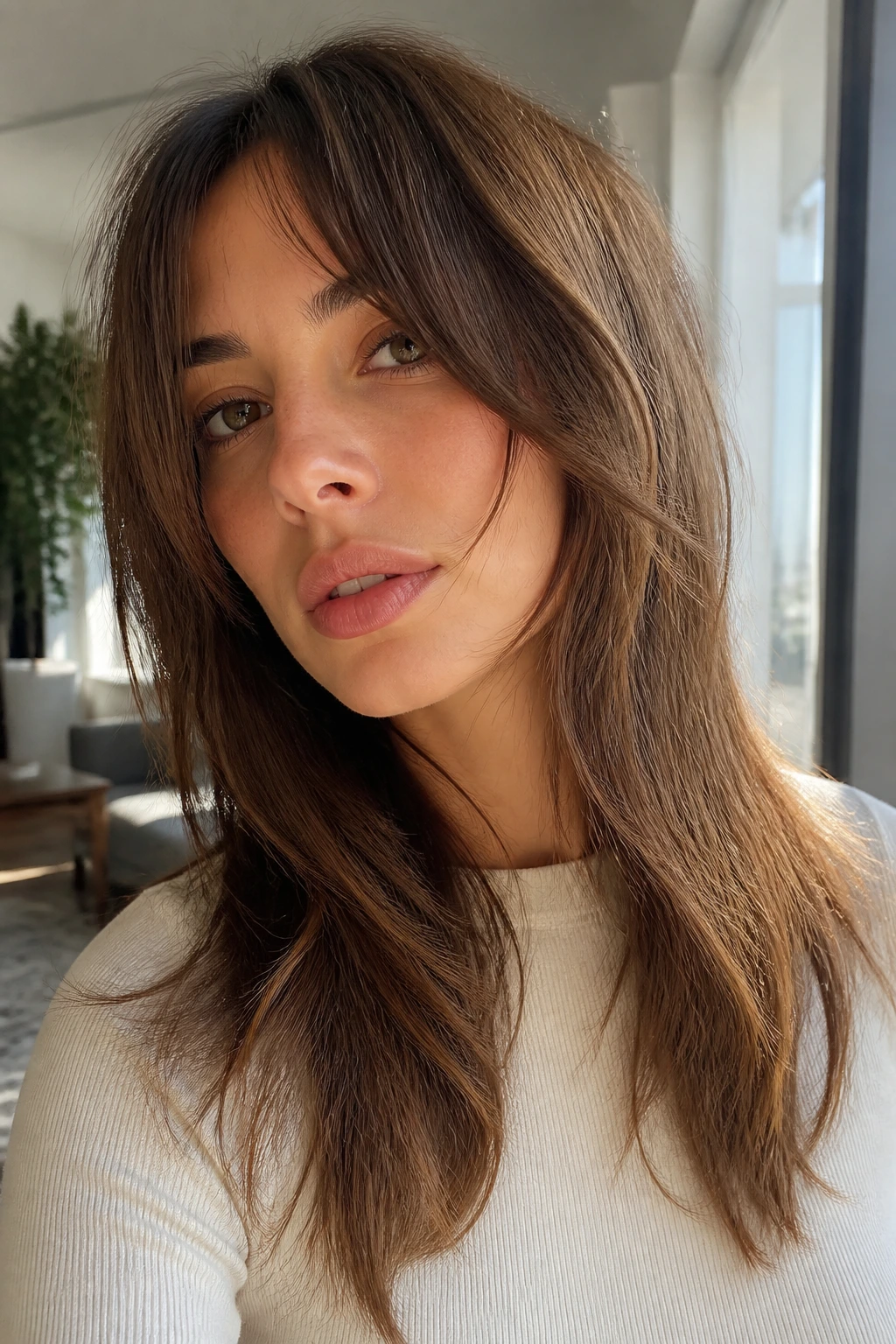 Close-up of a real woman's face with front-framing shag pieces starting near lip