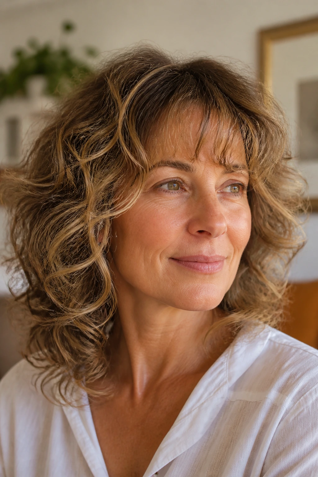Close-up of a real woman with curly hair and airy feathered bangs in a sunlit room