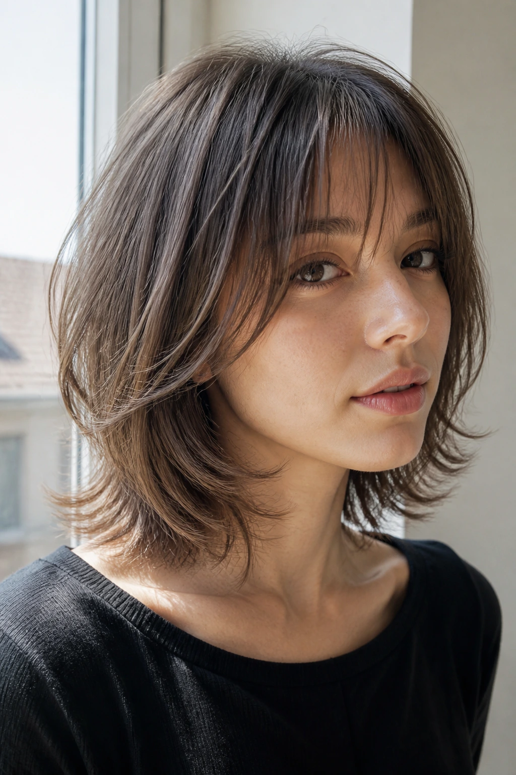 Portrait of a person with airy feathered haircut and see-through bangs in natural light