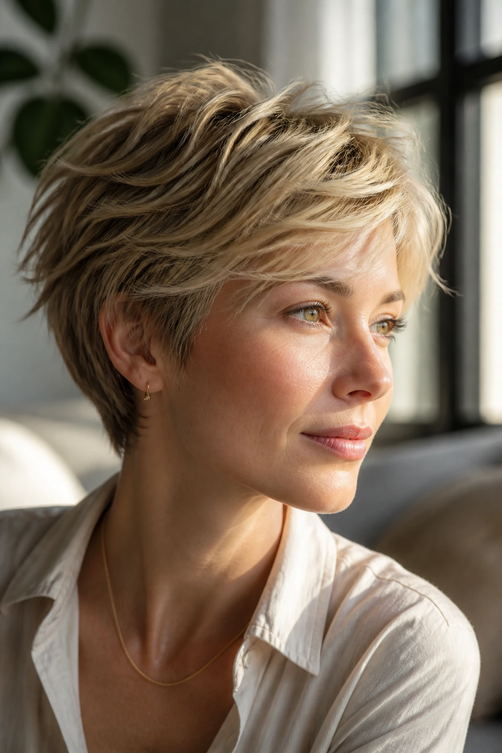 Close-up of a real woman with an Airy Feathered Pixie showing light, feathery ends