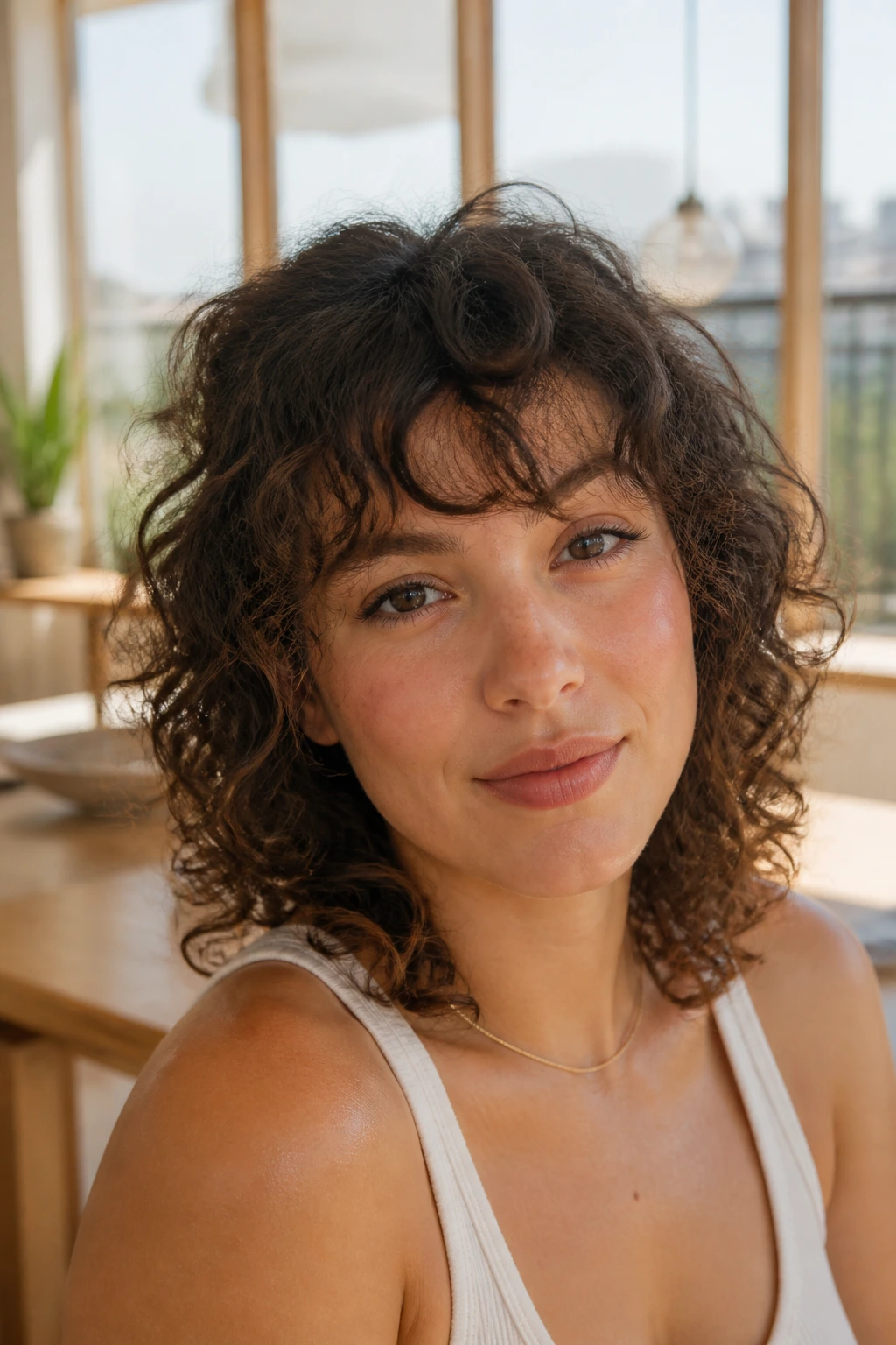 Close-up portrait of a real woman with airy fine curls and sparse fringe in a bright room