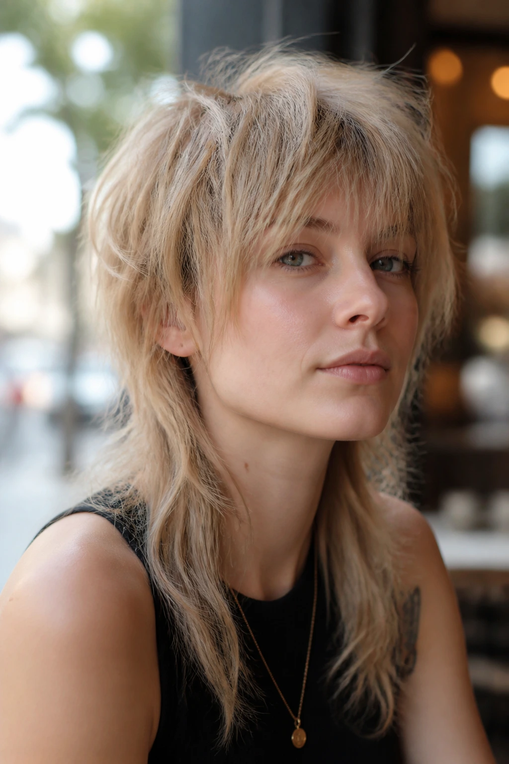 Close-up portrait of a real woman with airy fine-hair mullet featuring long layers and soft texture