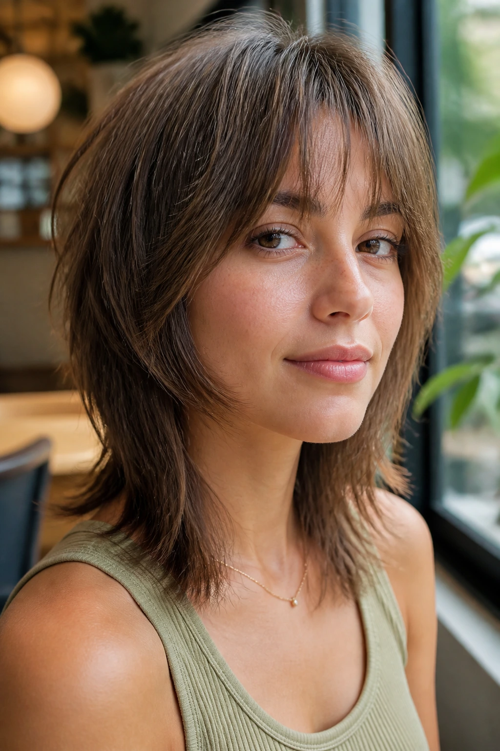 Close-up of a real woman with airy fine-hair shag in cafe window light
