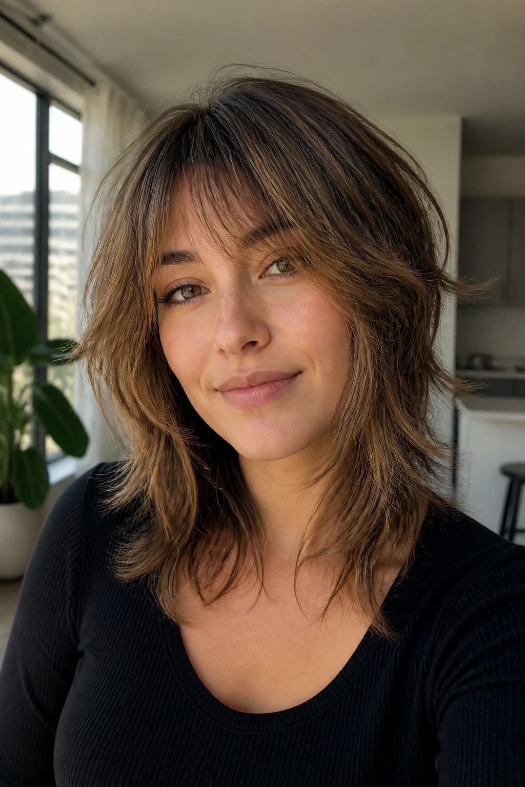 Close-up portrait of a real woman with airy fine-hair shag under natural window light