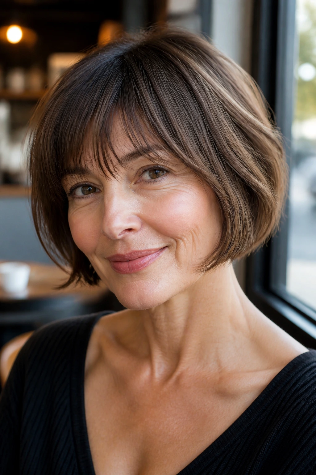 Close-up of real woman with airy French bob and feathered bangs.