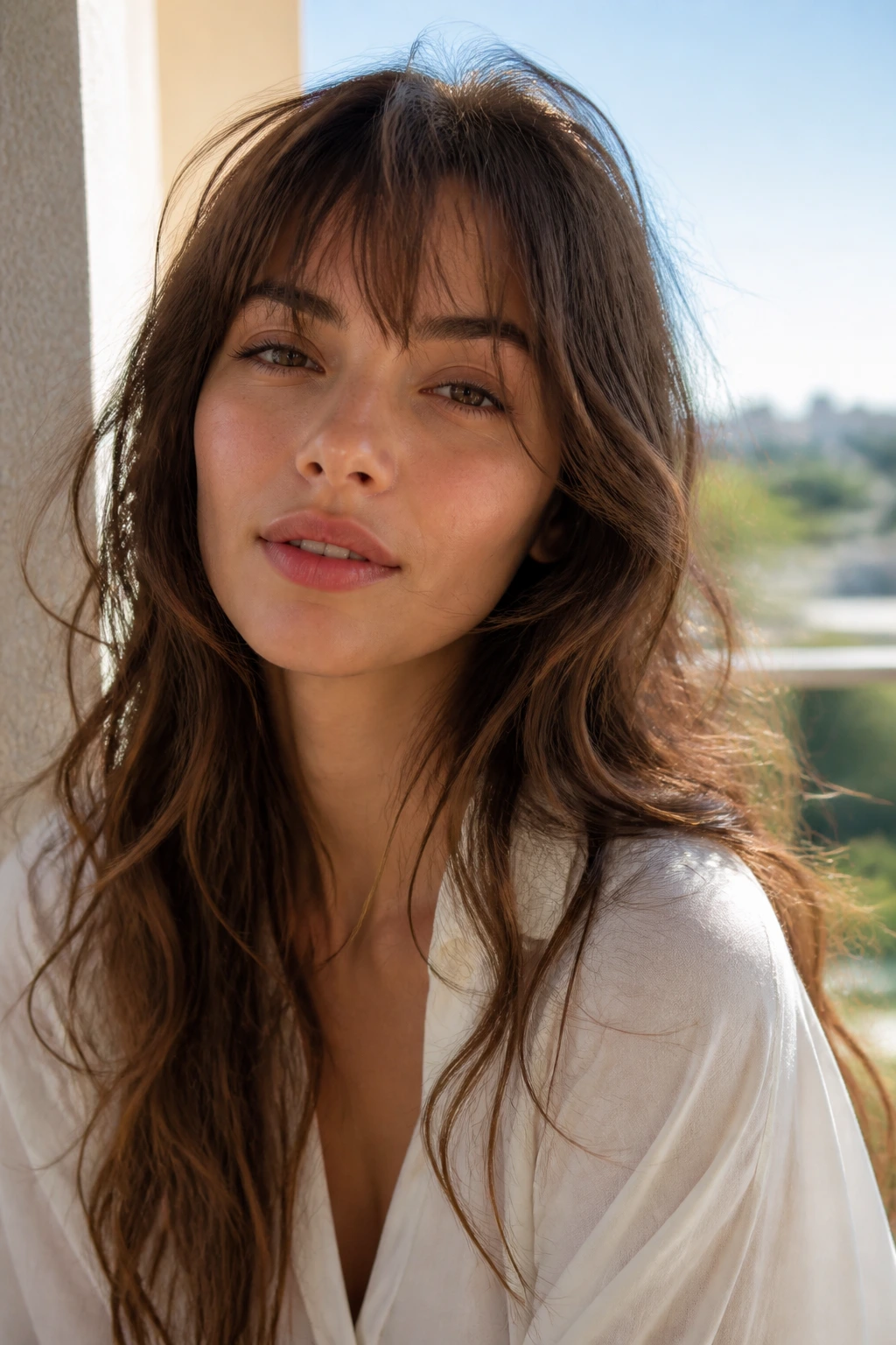 Portrait of a person with airy French fringe and air-dried waves
