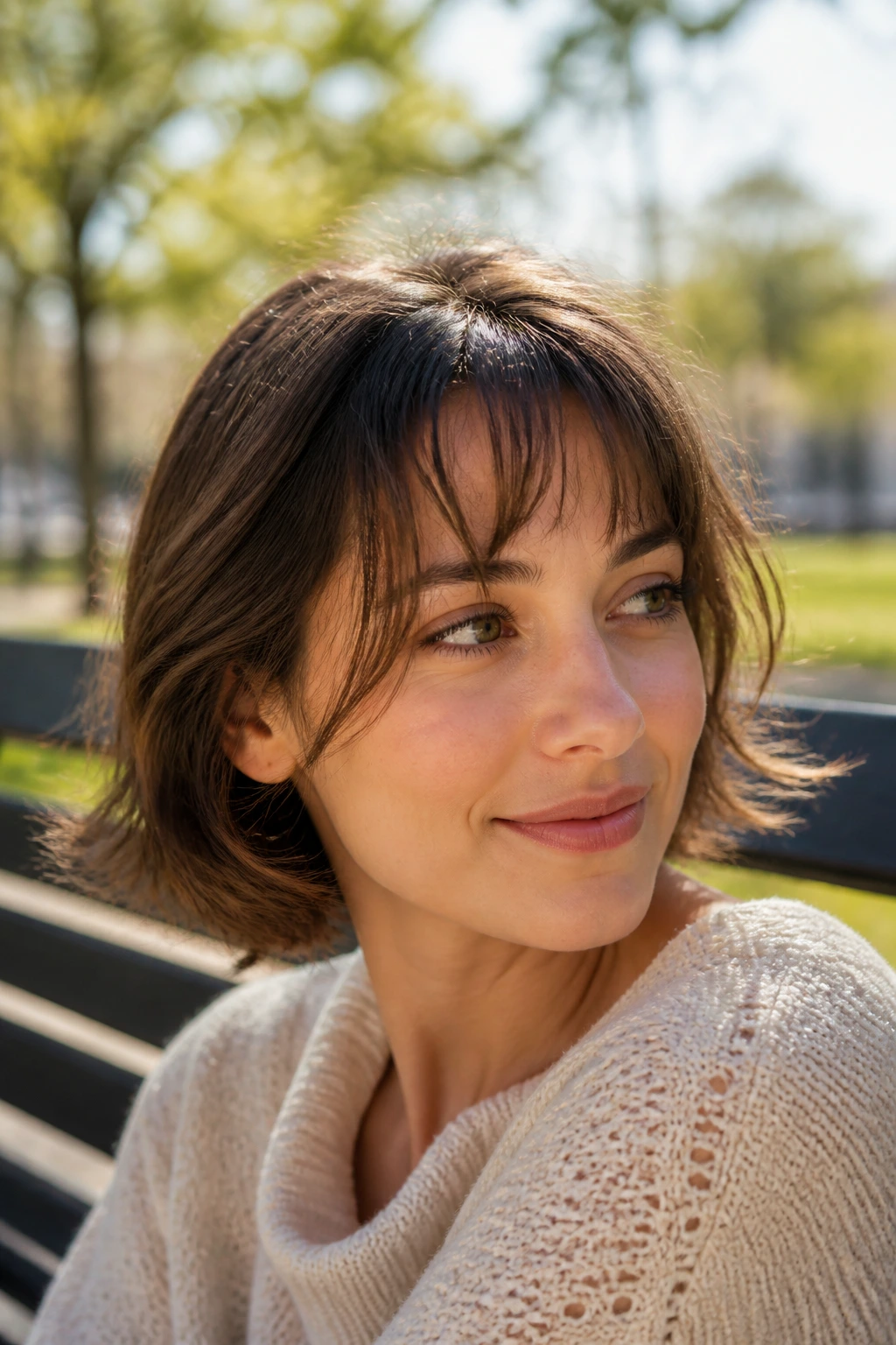 Close-up of a woman with an airy fringe that softens cowlicks in natural light