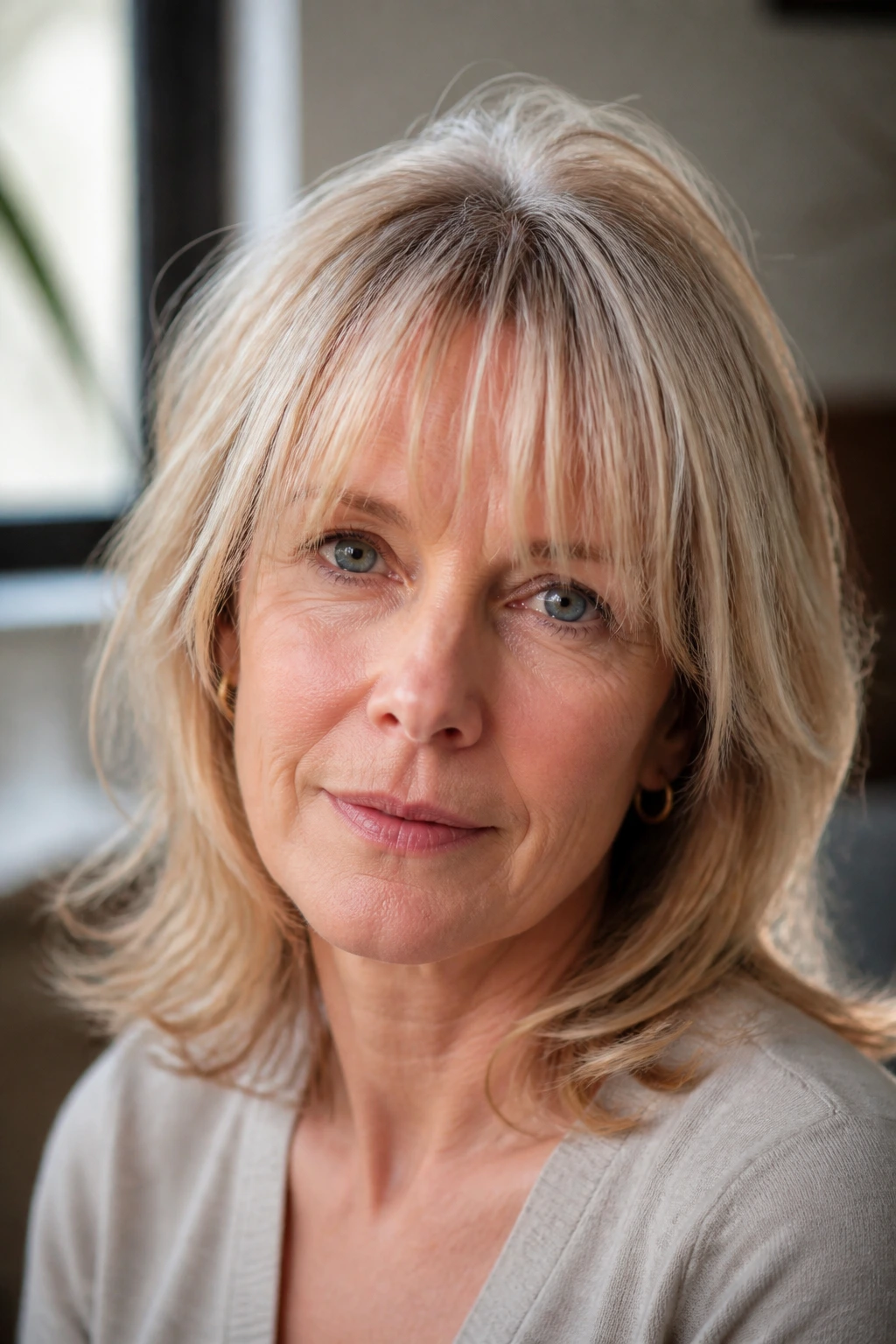 Close-up portrait of a real person with airy fringe on fine hair and subtle root lift