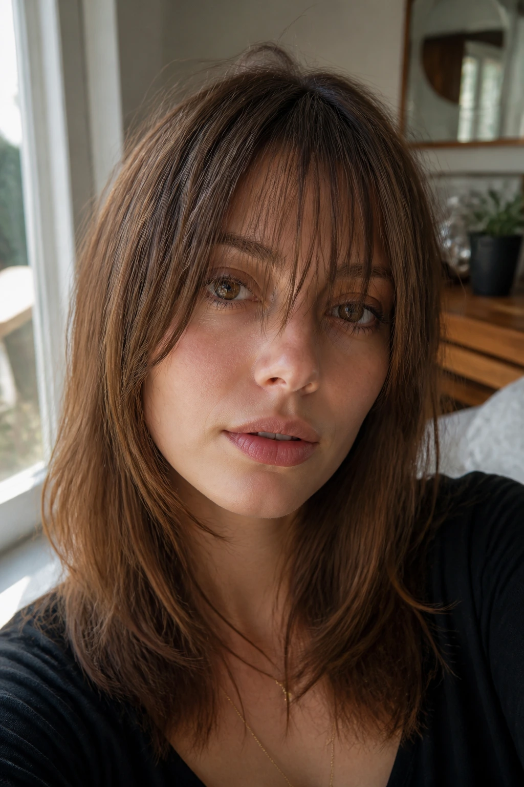 Close-up of a woman with airy fringe and soft layers