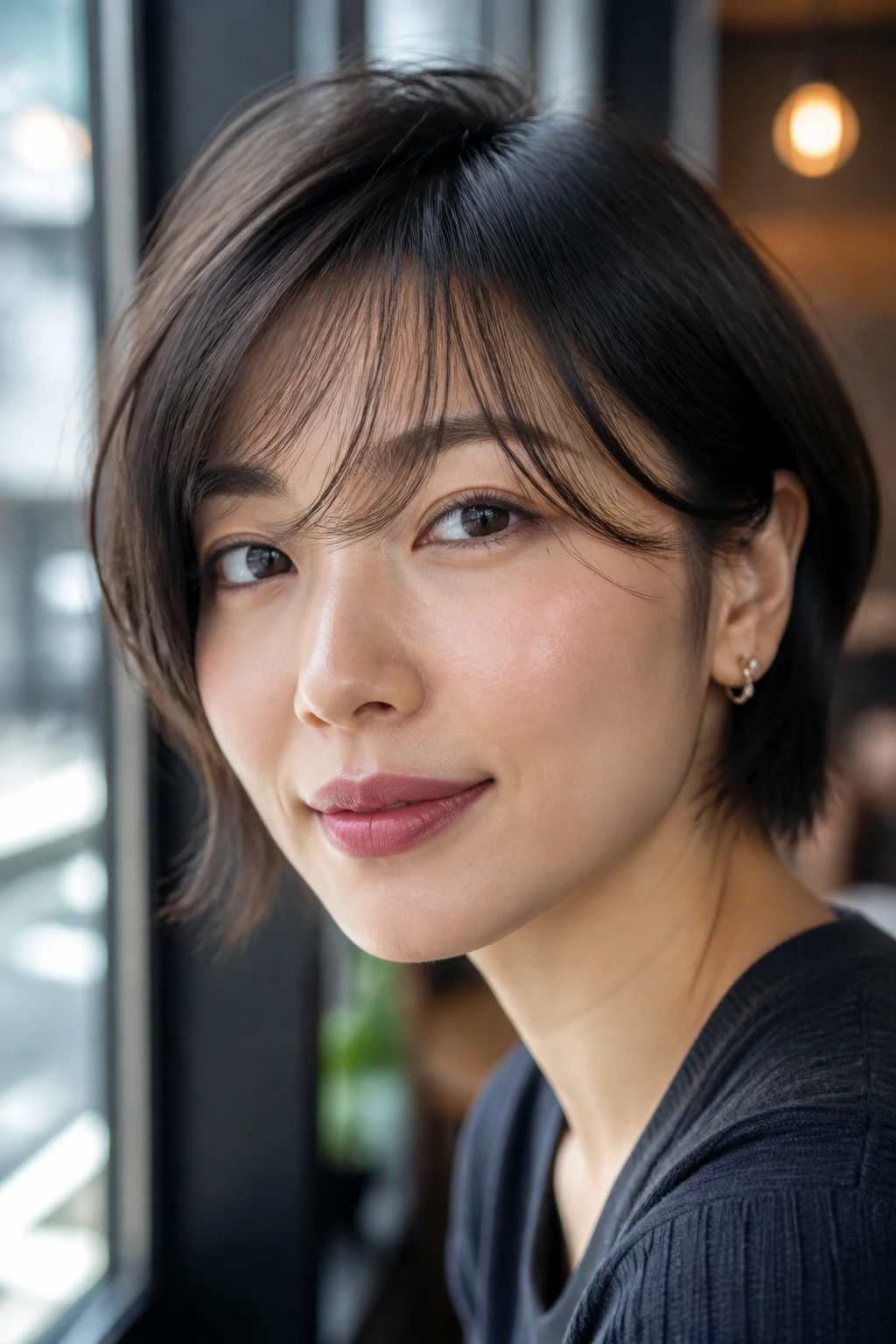 Asian woman with airy see-through fringe swept to the side