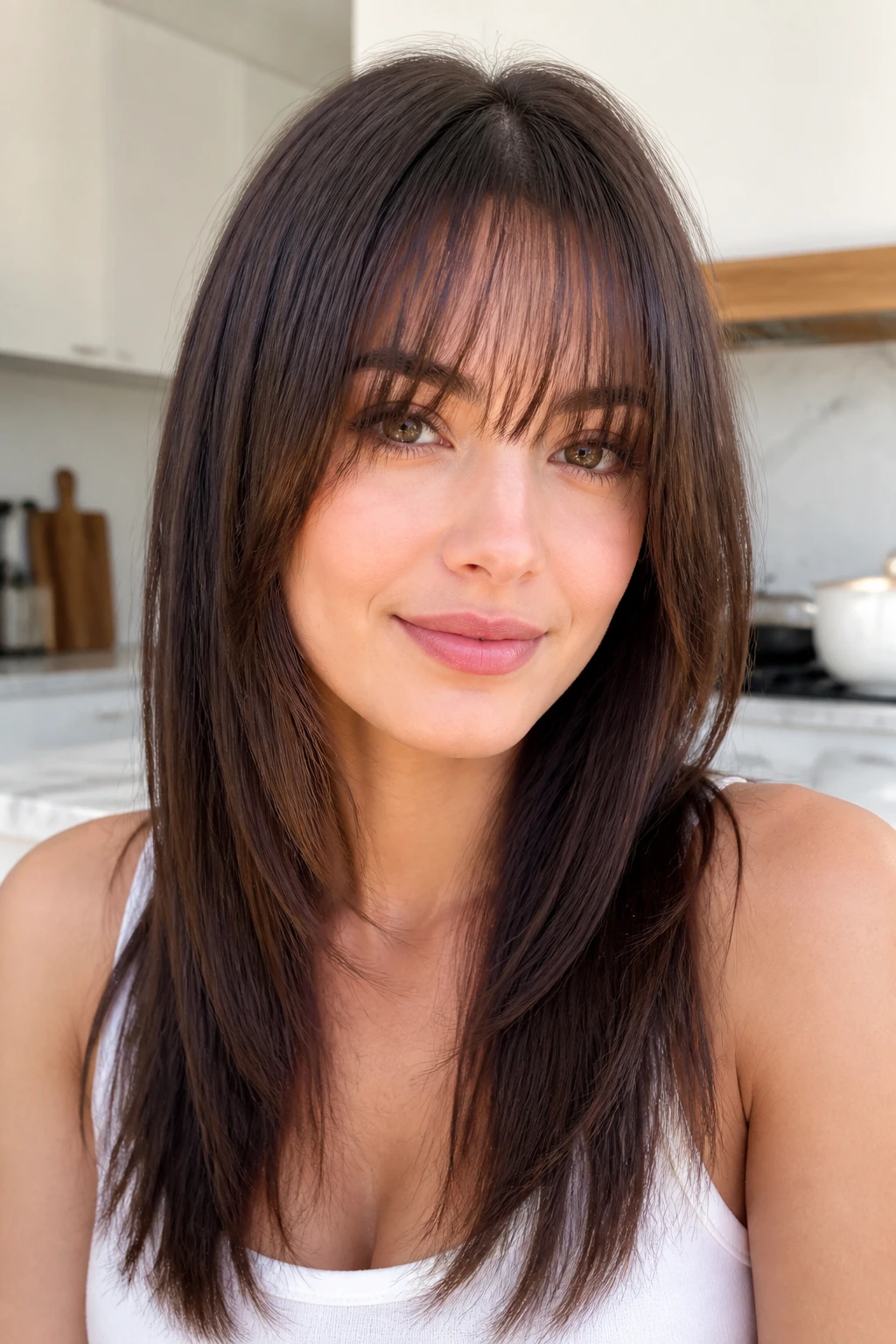 Real woman with straight hair airy fringe in a bright kitchen