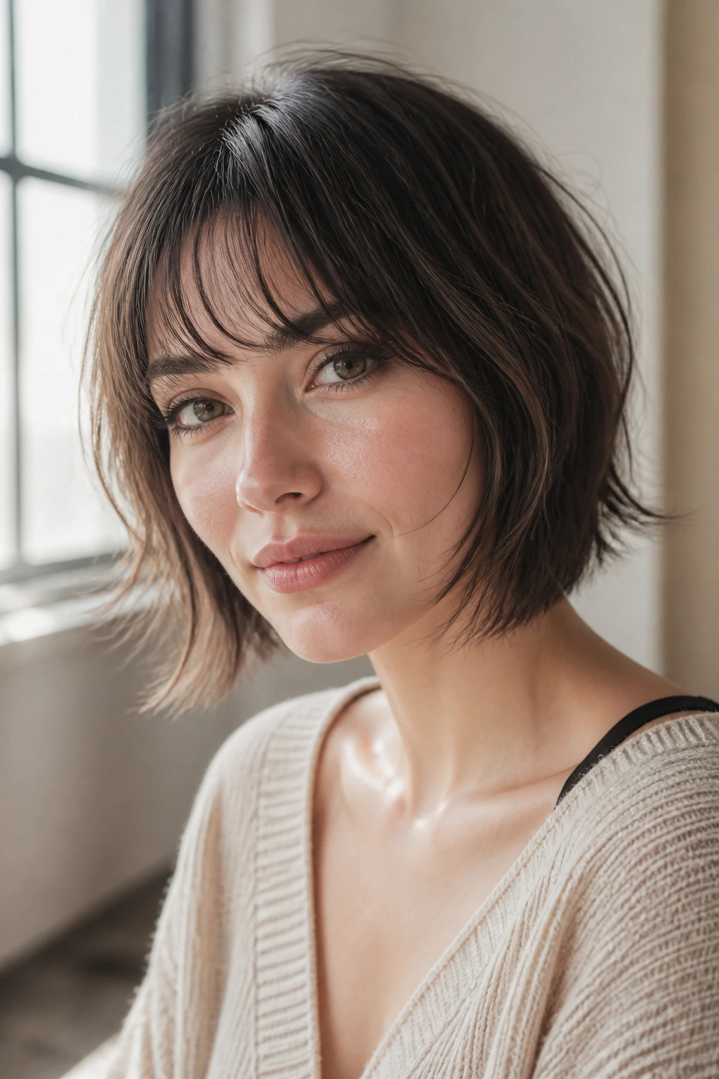 Close-up portrait of a real woman with airy wispy bangs brightening the cut.