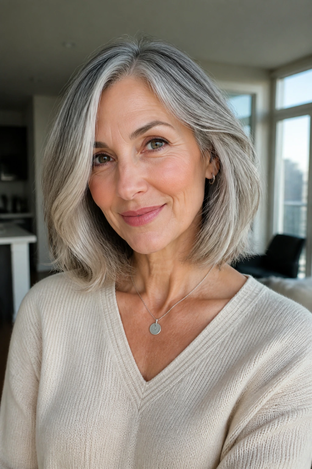 Portrait of a real woman with an airy gray lob in a sunlit modern apartment.