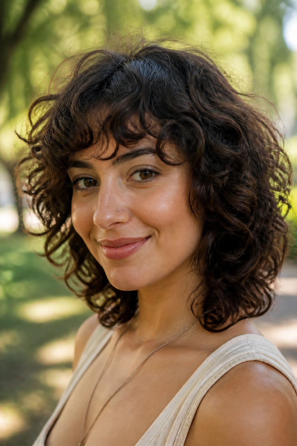Close-up portrait of a real woman with an airy halo wolf cut