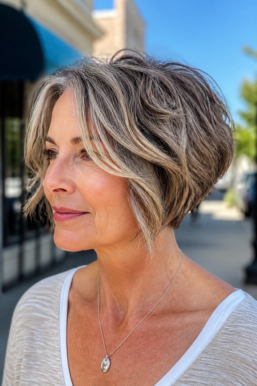 Portrait of a woman with an airy inverted bob on a sunny street