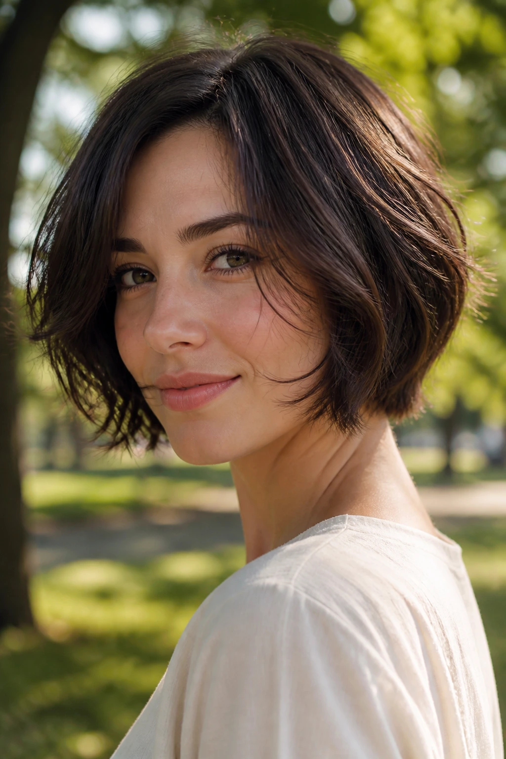 Close-up of a real woman with an airy layered bob in a park under sunlight
