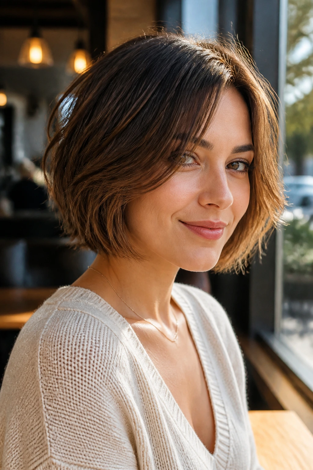 Portrait of person with airy layered bob looking light and movable