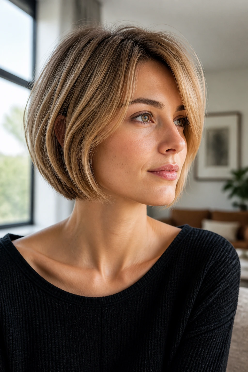 Close-up of a person with an airy layered bob in bright window light