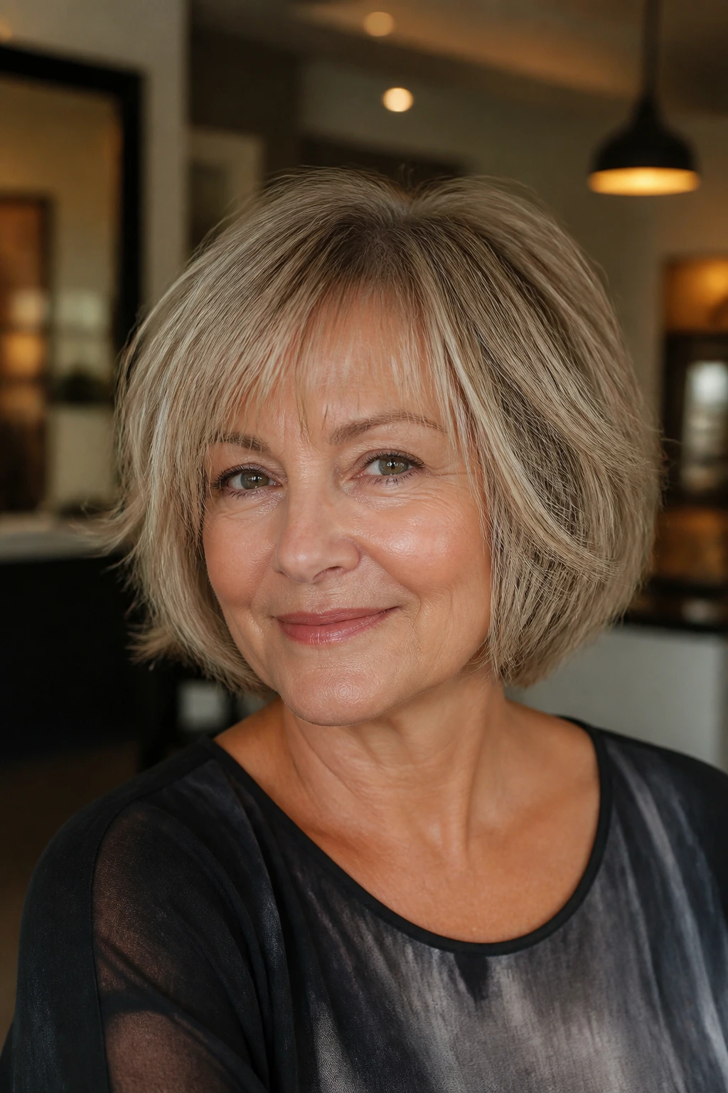 Portrait of a woman with an airy layered bob and wispy bangs in warm light